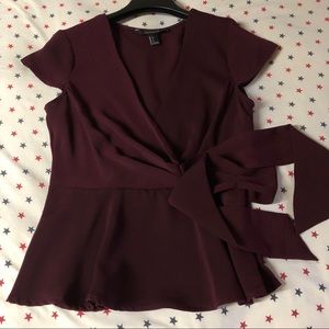 F21 Burgundy V Neck Wrap Top Peplum Blouse